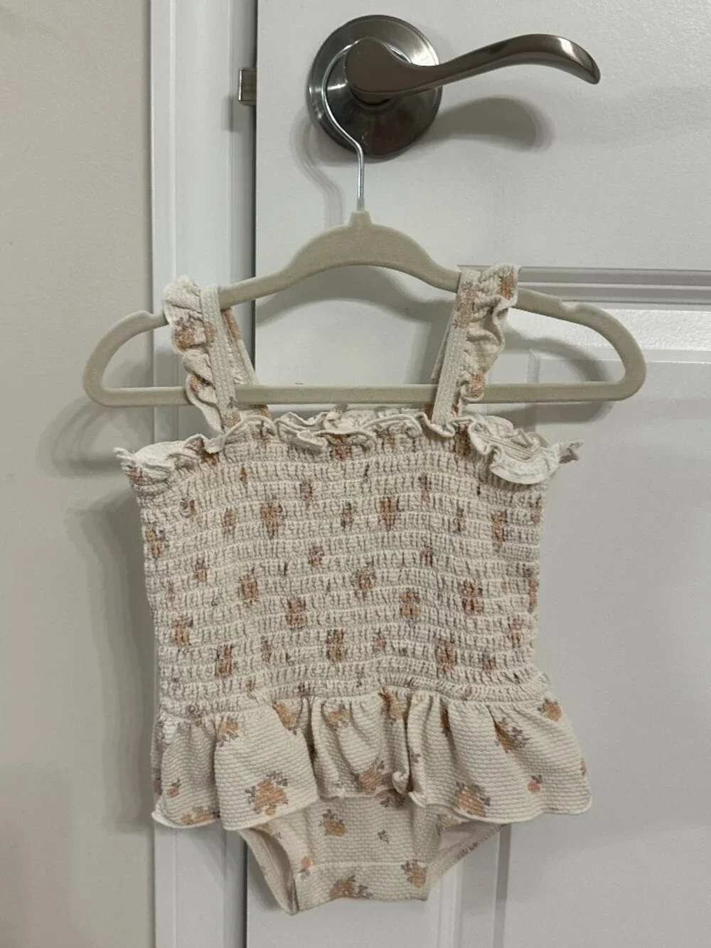 QUINCY MAE Ruffle Smocked Bodice Piqué One-Piece Swimsuit in Ivory Size 3-6 M